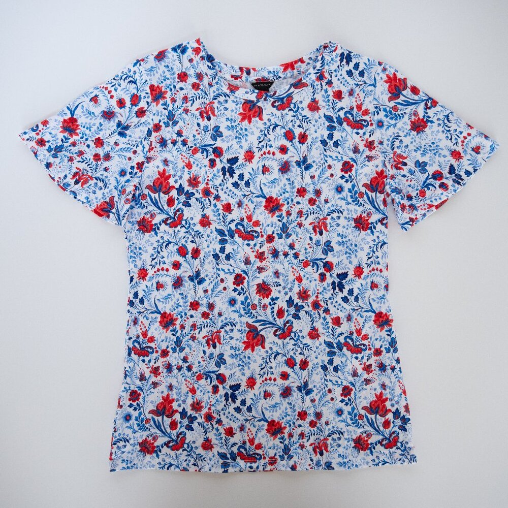 Ann Taylor Red White Blue Floral T Shirt with Flutter Sleeves